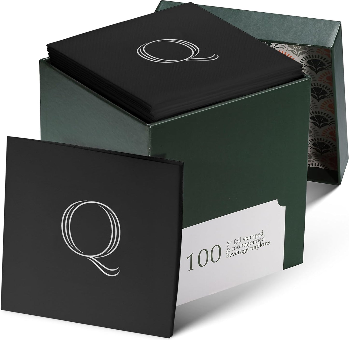 100 Pack Disposable Monogrammed Cocktail Napkins Black, 5"x5" Linen-Feel Silver Foil Letter Q Paper Napkins, Initial White Beverage Napkins For Wedding, Party, Bar Or Holiday