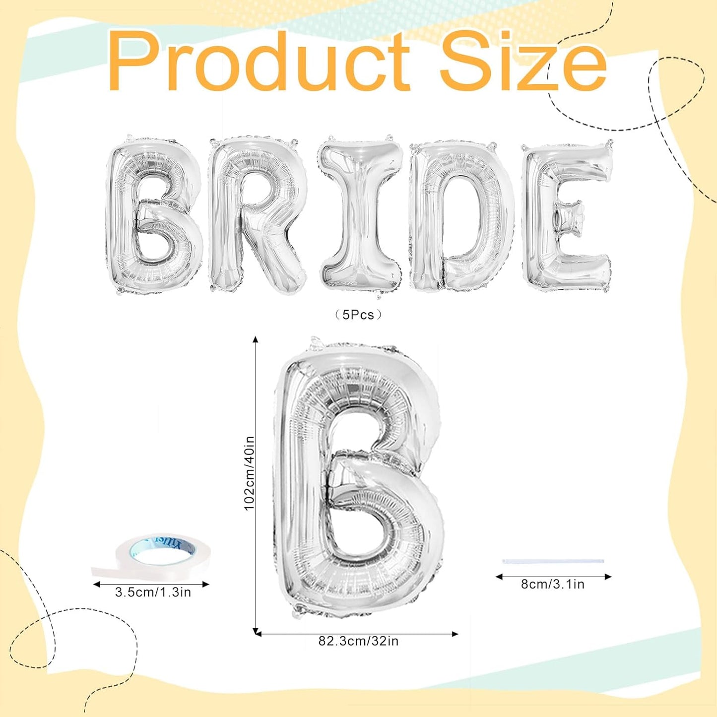 40 Inch BRIDE Balloons Giant Silver Bride Letter Foil Balloon Bachelorette for Bridal Shower Decorations Silver Bridal Shower Balloons Wedding Bachelorette Party Decorations Bride To Be Balloon Banner