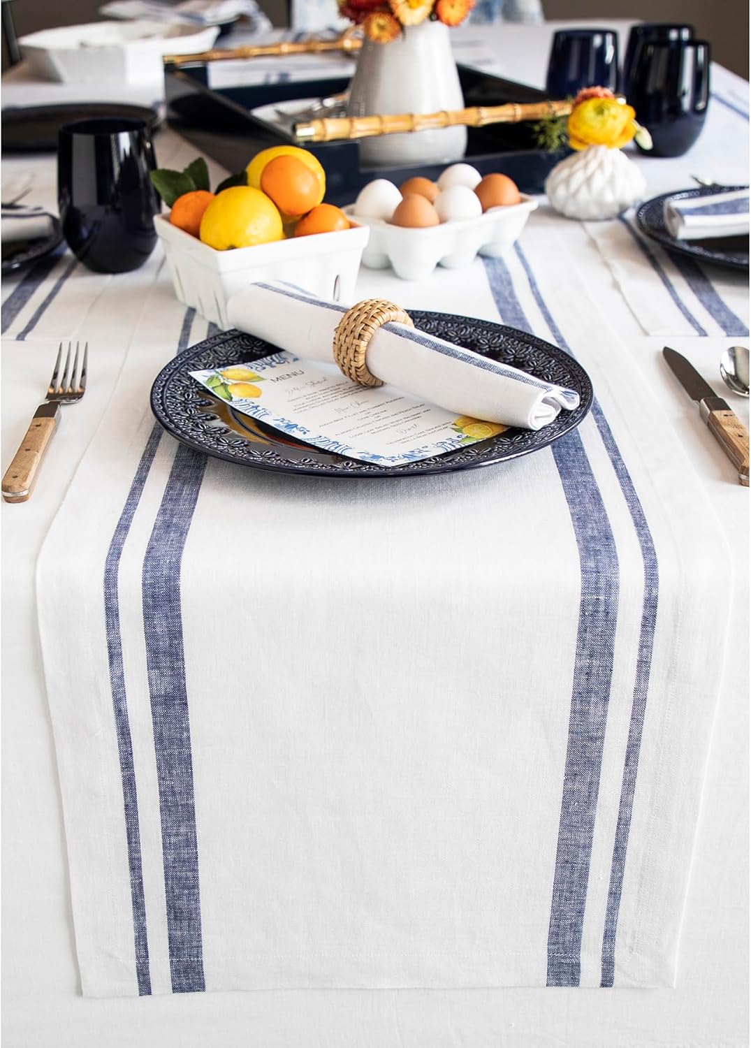 Solino Home Striped Linen Table Runner 36 Inches - 100% Pure Linen Navy and White French Stripe Small Table Runner 14 x 36 Inch Ideal for Dresser and Coffee Tables - Fall, Halloween, Thanksgiving