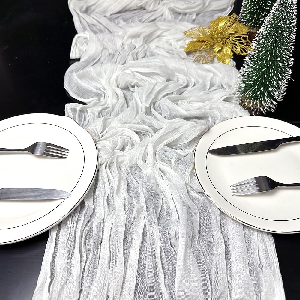 Booque Valley White Table Runner 3 Pack Cheesecloth 10ft Super Soft Boho Wrinkled Gauze Sheer Cloth for Baby Shower Baptism Birthday Party Wedding Christmas Centerpiece Table Decoration, 35x120 Inch