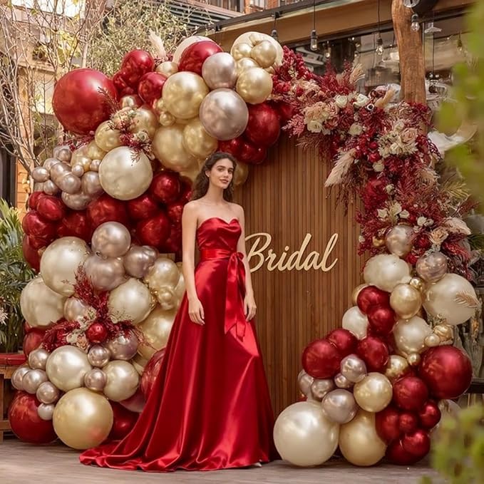 Burgundy Gold Balloon Garland Double Stuffed Dark Red Rose Gold Maroon Champagne Balloon Arch Kit for Mother's Day Wedding Birthday Bridal Graduation Anniversary Party Decorations