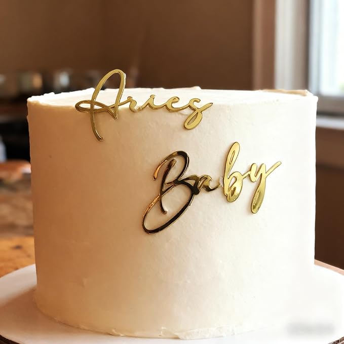 Gold Cake Topper with Aries Zodiac Sign,Acrylic Baby Text Decoration Aries Season/12 Zodiac Constellation Theme Birthday Zodiac Cake Decor,March/April Birthday Cake Decorations for Girl/Boy