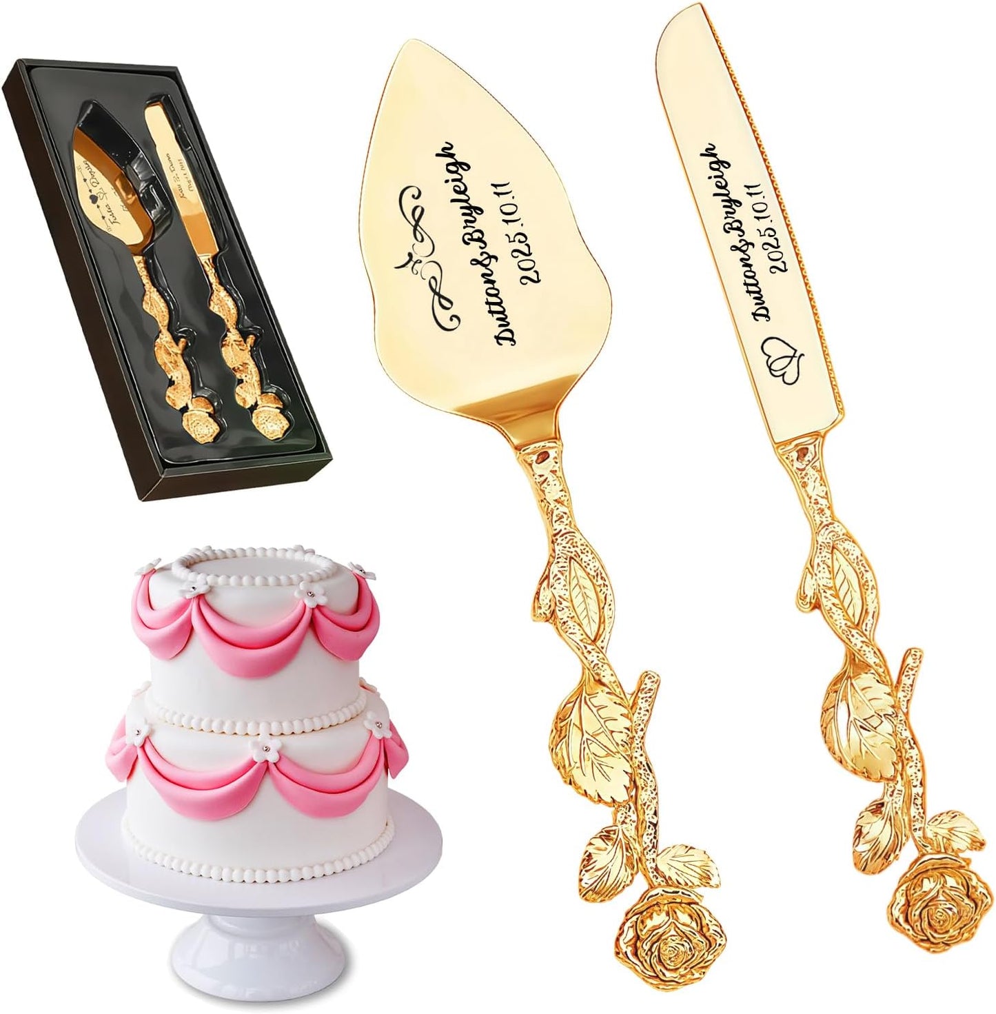 Personalized Wedding Cake Knife and Server Set, Custom Cake Cutting Set for Wedding, Engraved Stainless Steel Cake Cutting Set for Anniversary Birthday Wedding Registry Gifts