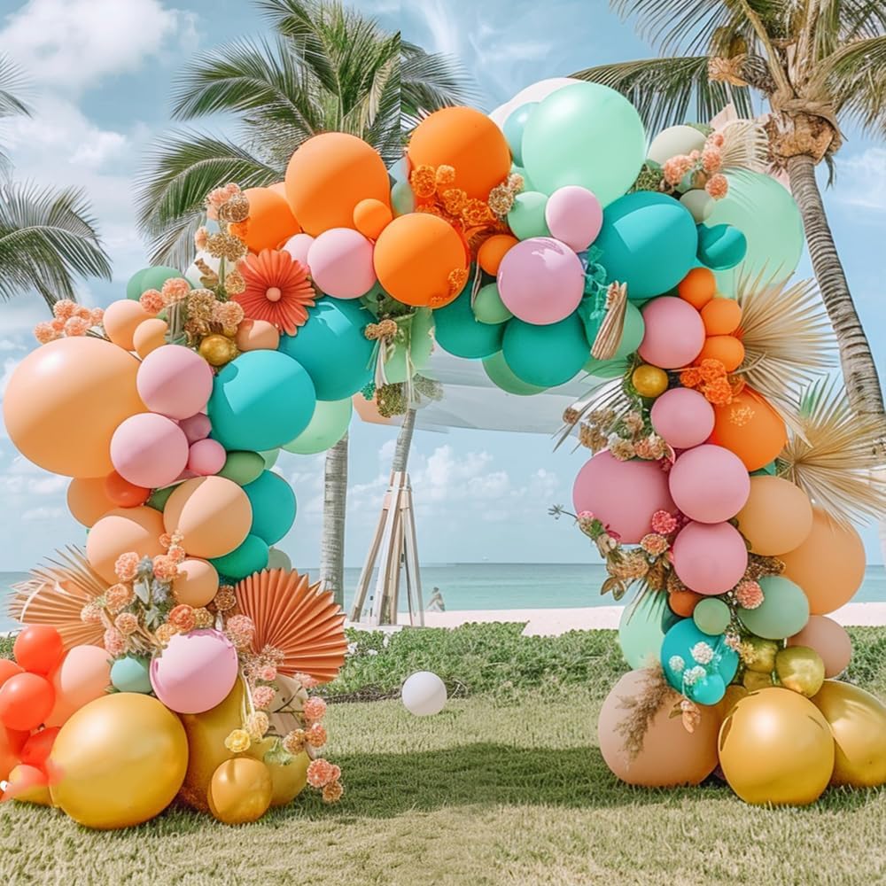 Pinbra Pastel Balloons Garland Kit Coral Pink Teal Blue Balloons Double Stuffed Light Green Orange Gold Metallic Latex Arch for Tropical Hawaii Luau Birthday Baby Shower Christmas Party Decorations