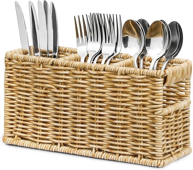Wicker Utensil Holder, Woven Rattan Silverware Caddy for Party, Countertop Cutlery Storage Box, Knife Fork Spoon Holder, Cabinet Tabletop Silverware Organizer (M, Beige)