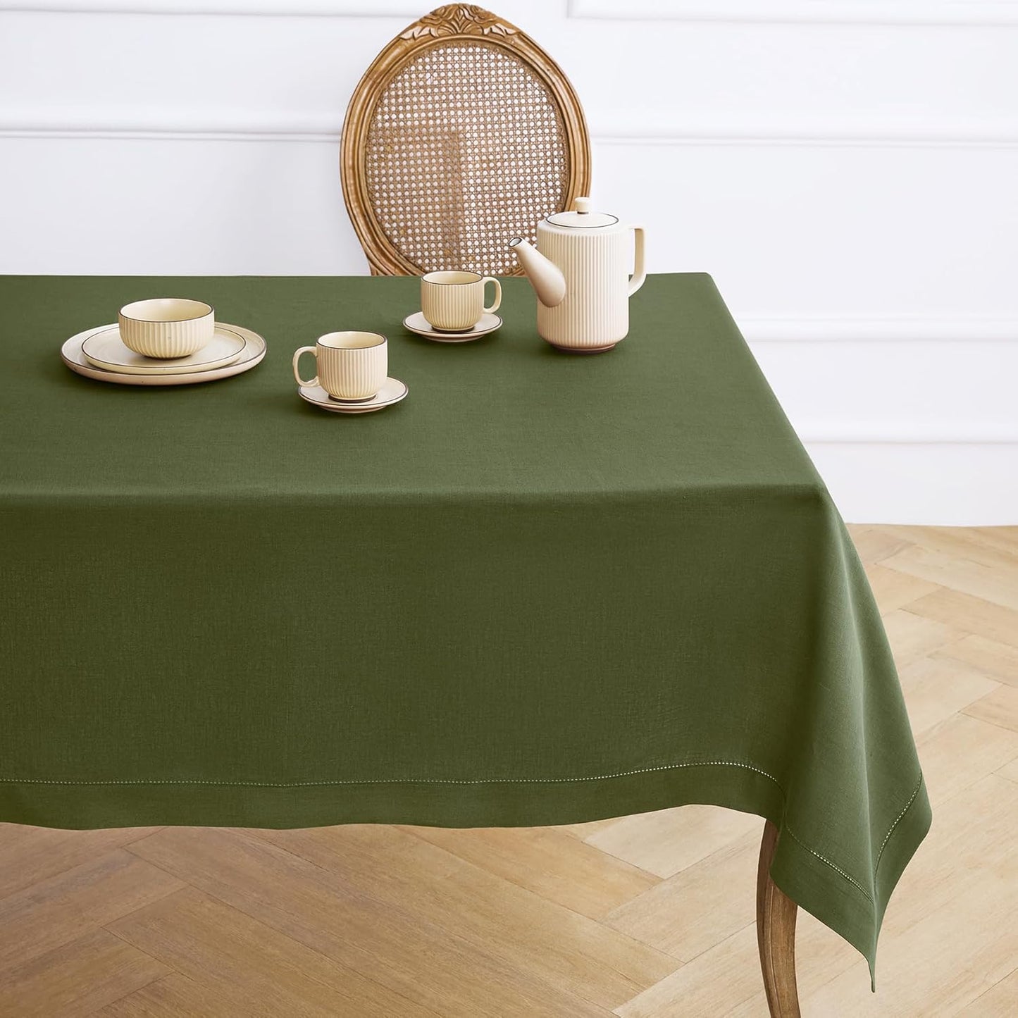 Solino Home Olive Linen Tablecloth 60 x 144 Inch - 100% Pure Linen Classic Hemstitch Table Cloth for Rectangle Tables - Machine Washable Tablecloth for Wedding, Parties, Fall, Autumn, Thanksgiving