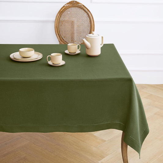 Solino Home Olive Linen Tablecloth 60 x 144 Inch - 100% Pure Linen Classic Hemstitch Table Cloth for Rectangle Tables - Machine Washable Tablecloth for Wedding, Parties, Fall, Autumn, Thanksgiving