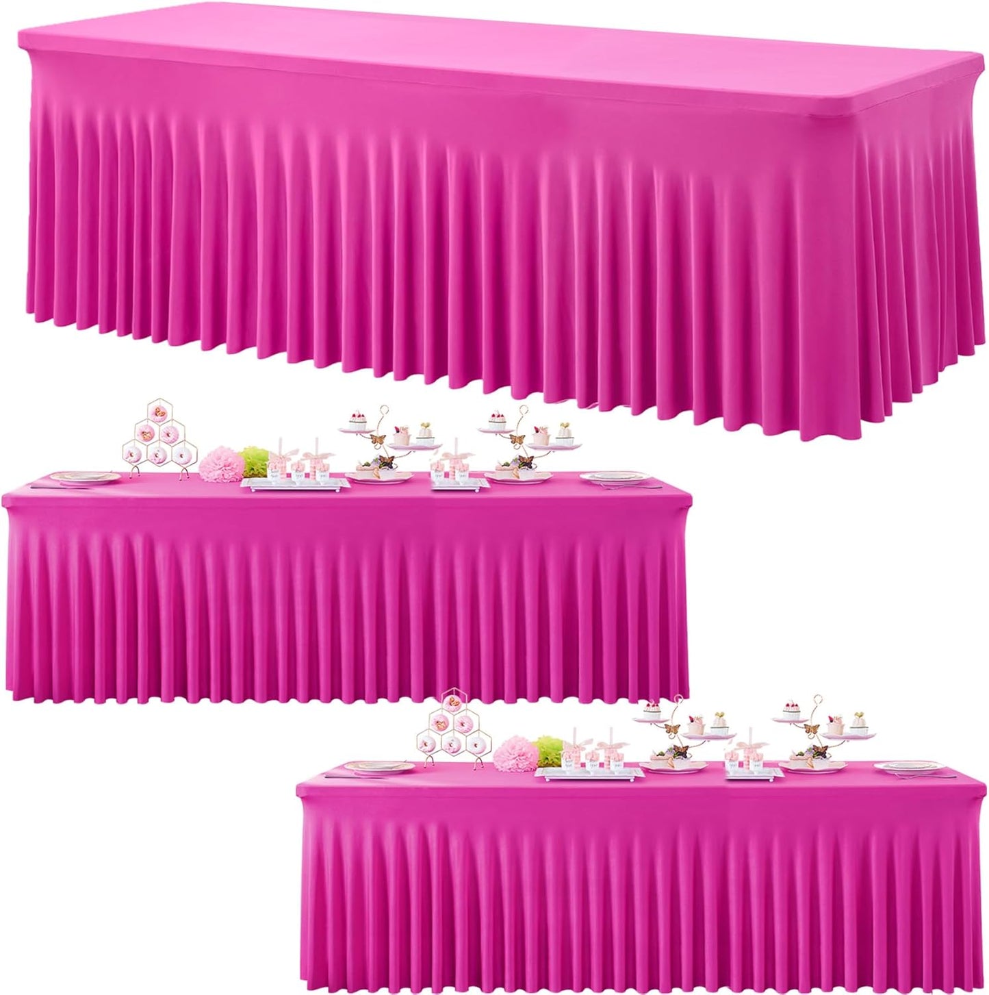 3 Pack Hot Pink Spandex Tablecloth for 8 Foot Rectangle Tables, Wrinkle Free Fitted Table Cloth Cover 8ft Fuchsia Stretchy Tablecloths Desk Skirt for Parties Weddings Birthday Banquet Baby Shower