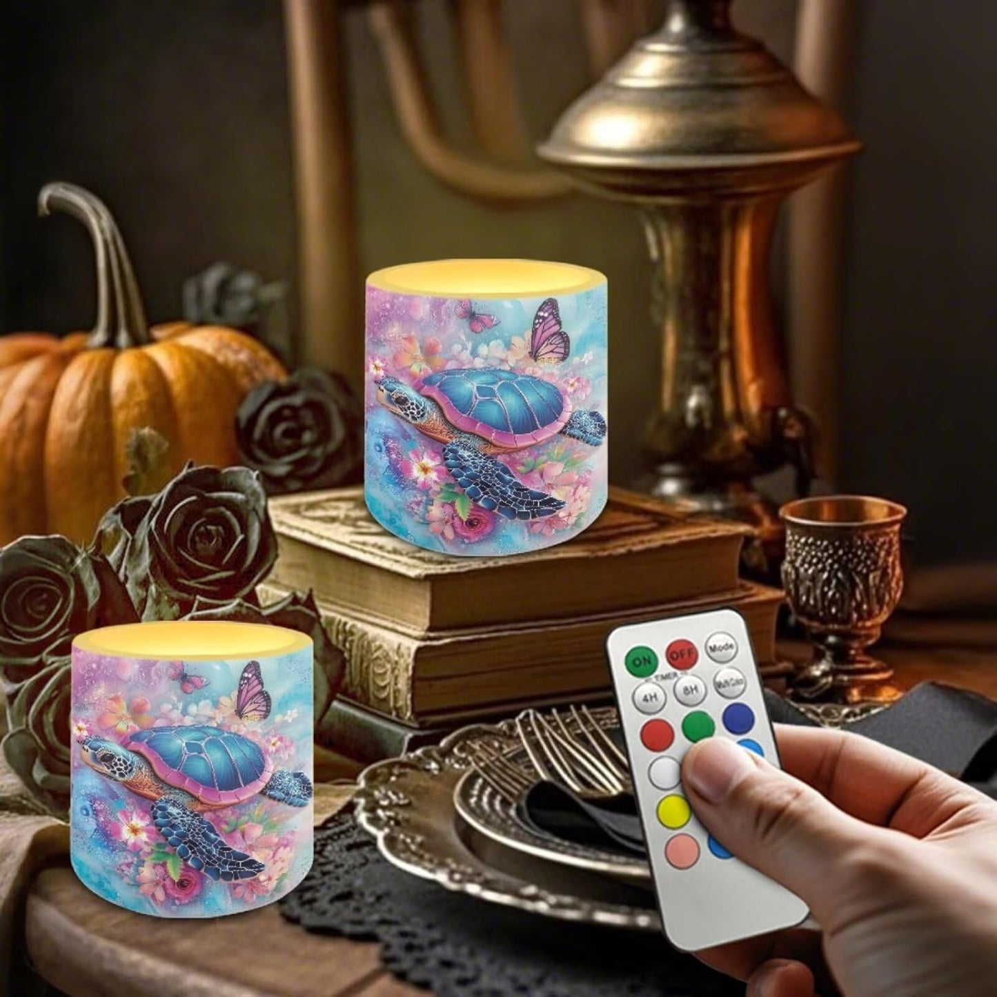Poceacles Flameless LED Candles Set of 4 Battery Operated Candles with Remote and Timer, Realistic Flickering Tealights for Indoor Outdoor Decor, Sea Turtle Butterfly Flower Marble Violet Blue