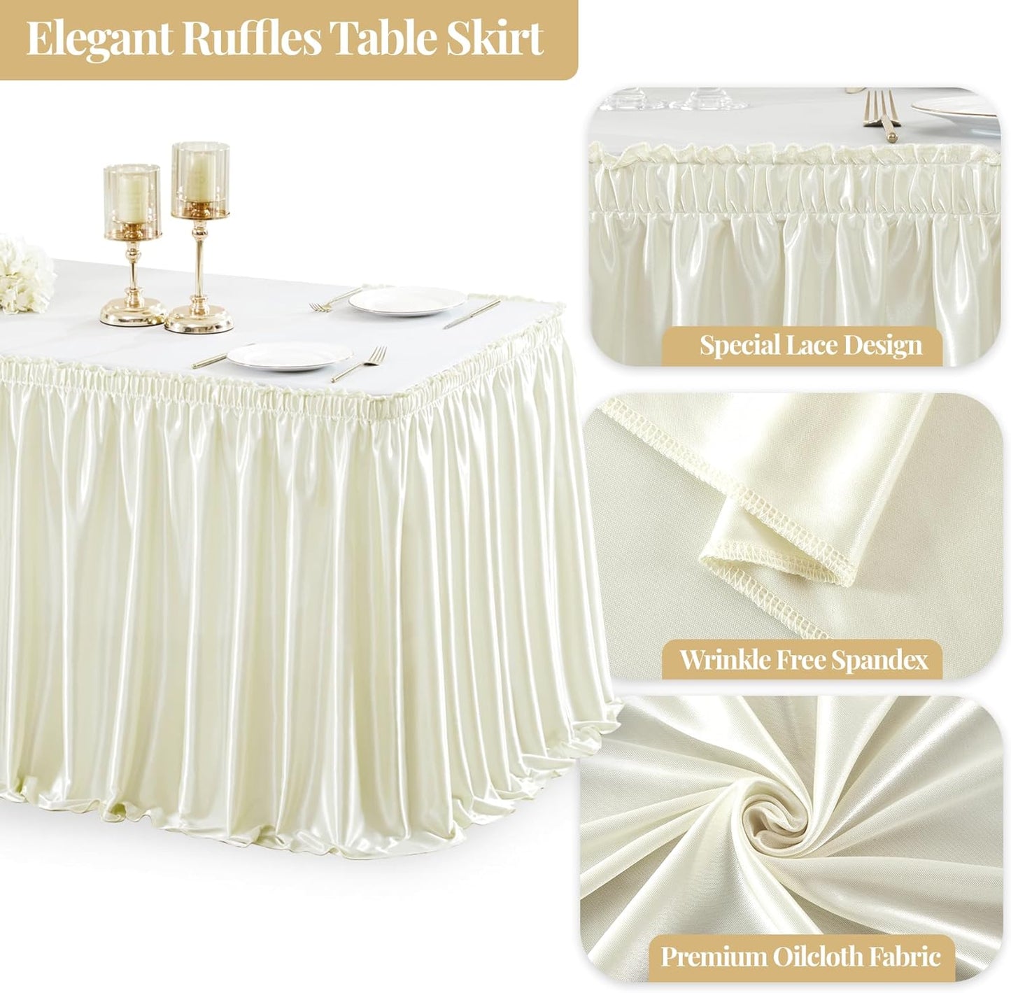 Wish Care 21ft Length Ivory Satin Table Skirt for Rectangle Tables Wrinkle Free Glitter Desk Skirts Pleated Ruffle Table Cloth for Wedding Birthday Baby Shower Party Banquet Buffet Table Decorations