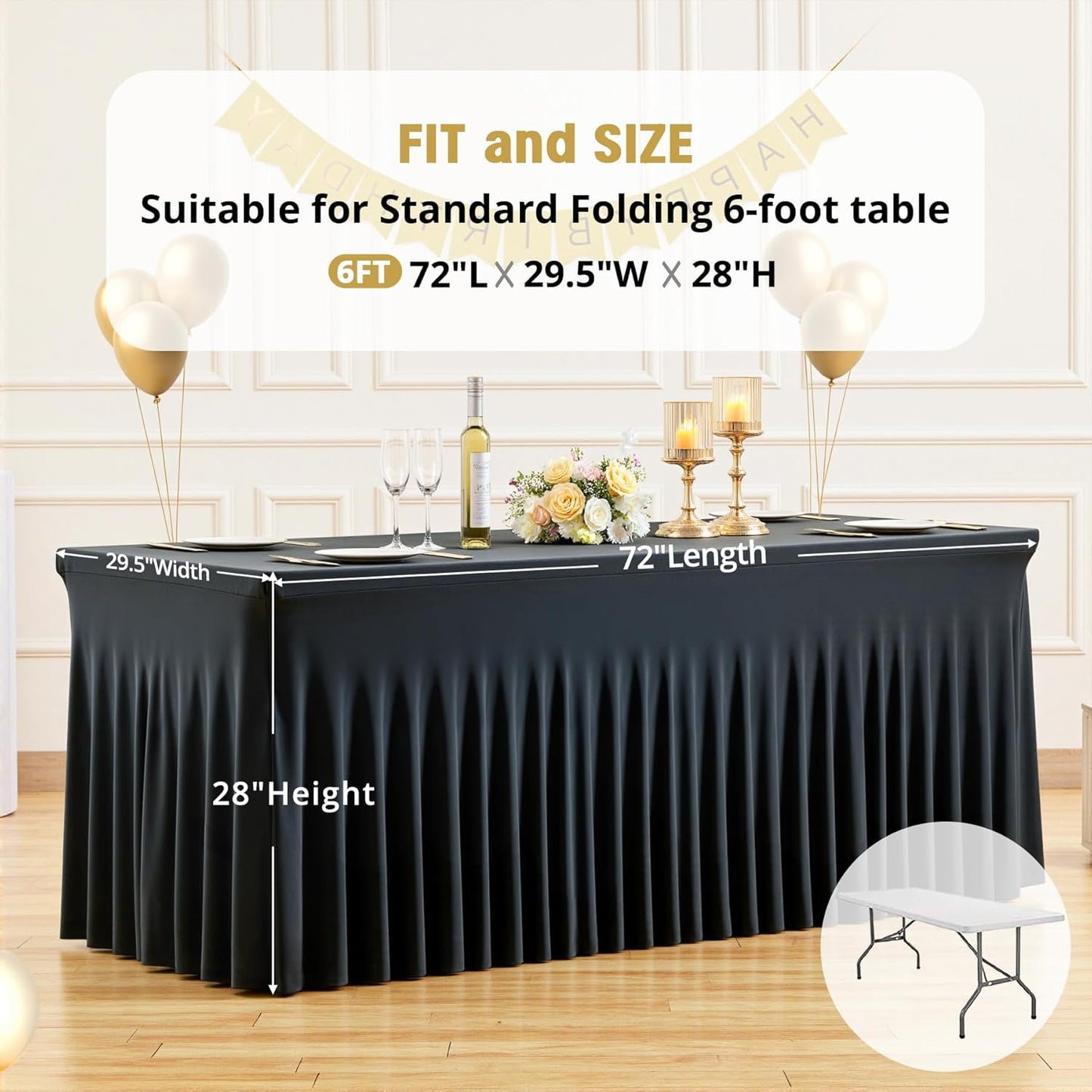 Suppromo 6ft Black Spandex Tablecloths for Rectangle Tables Wrinkle Free Black Table Cloth Rectangle Stretch Fitted Table Cover with Skirt for Wedding Birthday Party Banquet Baby Shower Buffet Event