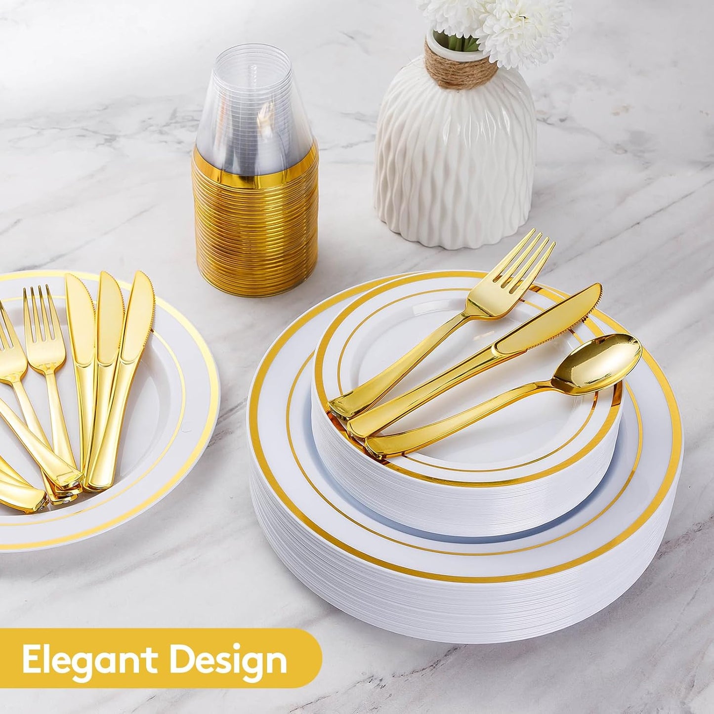 Goodluck 300 Pieces Gold Disposable Plates for 50 Guests, Plastic Plates for Party, Wedding, Dinnerware Set of 50 Dinner Plates, 50 Salad Plates, 50 Spoons, 50 Forks, 50 Knives, 50 Cups