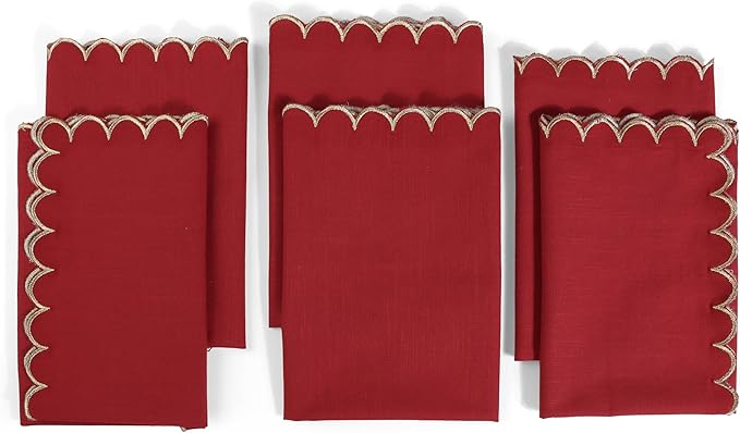 FINGERCRAFT Cloth Napkins, Everyday Use Scallop Design with Golden Zari, Premium Quality Natural Cotton Napkin Cloth Set of 6 Perfect for Parties Dinners Weddings Christmas 20x20 inch Tango Red