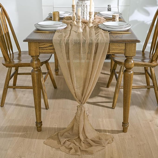 Artoid Mode Boho Cheesecloth Gauze Sand Wedding Table Runner, 120 Inch Seasonal Fabric Kitchen Dining Holiday Table Decor for Home Party Indoor
