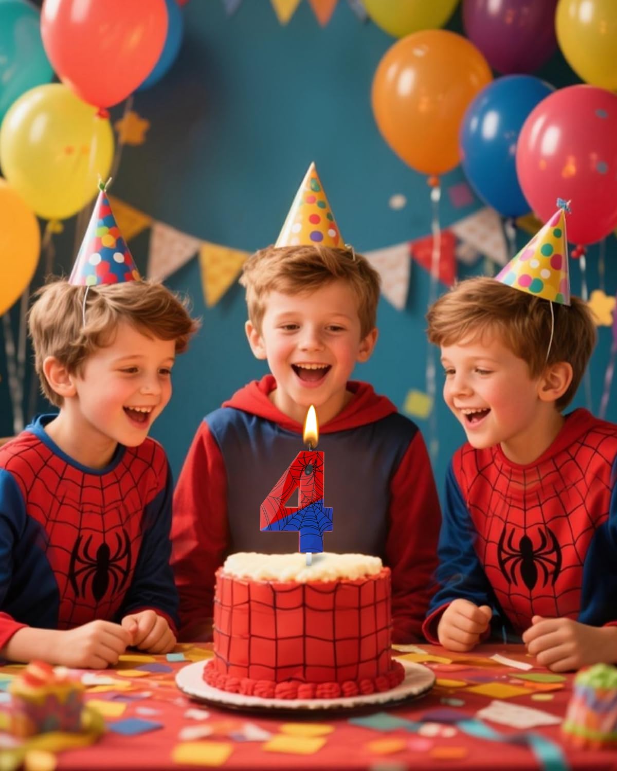 Number 4 Spider Themed Birthday Candle, 2.68 Inch Red Blue Spider Birthday Candles, Number Candles Birthday Cake Toppers Web Candles for Boy Girl Spider Party Decoration Supplies Halloween Party