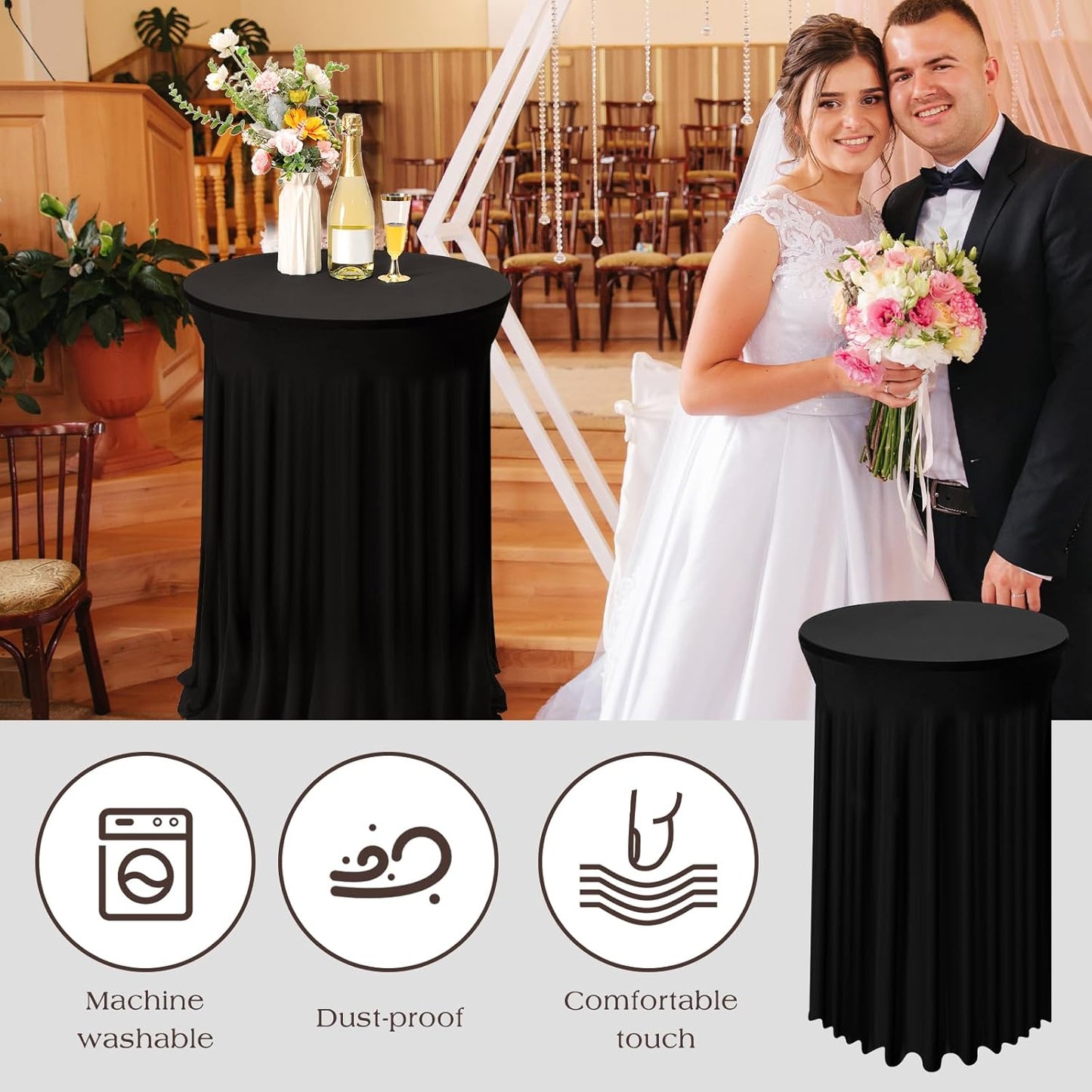 Tegeme 3 Packs 32 x 43 Inch Round Spandex Cocktail Tablecloths with Skirt Cocktail Round Table Cover Spandex Stretch Tablecloth for Fitted High Top Table Bar Wedding Party Banquet (Black)