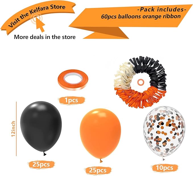 Halloween Balloons Orange Black Decorations Kelfara 60Pcs 12inch Matte Black Orange Latex Confetti Balloon for Celebration Trick or Treat Party Spooky Ghost Party Bar Anniversary Graduation