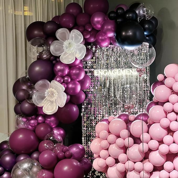 Dark Purple Black Pink Balloon Garland Arch Kit, 167Pcs Latex Balloons Wisteria Lavender Pastel Pink Pearlescent Plum for Birthday Bridal Shower New Years Party Decorations