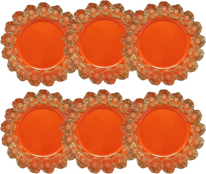 Orange Charger Plates with Flower Rim, 13" Round Charger for Dinner Plates, Set of 6 Plastic Plate Chargers for Halloween, Thanksgivng, Christmas.