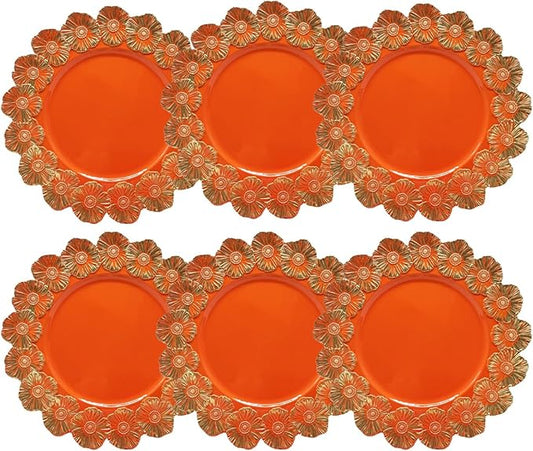 Orange Charger Plates with Flower Rim, 13" Round Charger for Dinner Plates, Set of 6 Plastic Plate Chargers for Halloween, Thanksgivng, Christmas.