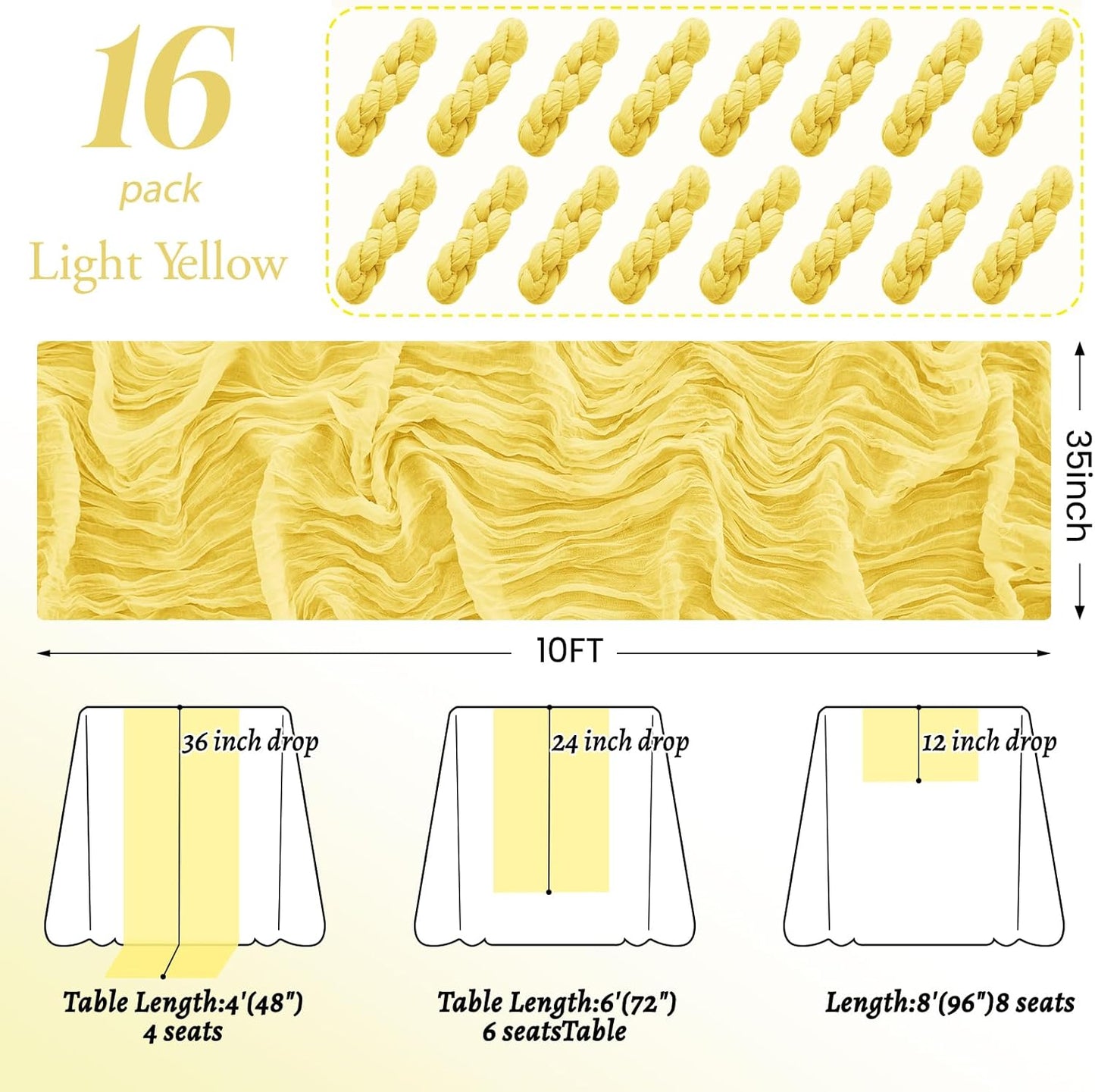 16Pack Light Yellow Cheesecloth Table Runner 10FT Gauze Cheese Cloth Table Runner 35x120Inch Long Boho Spring Easter Table Runners Rustic Sheer Table Runners for Wedding Baby Bridal Shower Decor