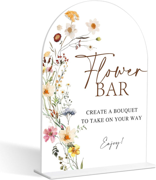 Flower Bar Sign, Flower Style Bridal Shower Sign for Wedding, Engagement, Bridal Shower and Reception, Bridal Shower Decorations, Wedding Shower Favors, 6X8 Inch Acrylic Arch Sign with Stand,3