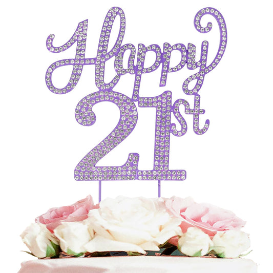 LASKYER Happy 21st Birthday Purple Rhinestone Cake Topper - 21st Birthday/Anniversary,Cheers to 21 Years Old Bday Party Metal Sparkly Centerpieces Decorations.