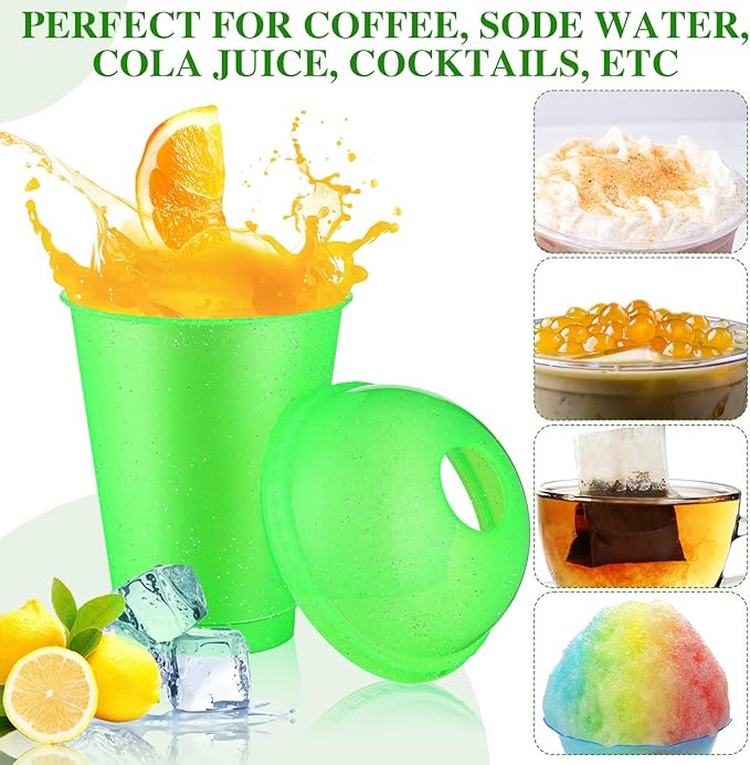 6 Set Slushie Cups with Dome Lids and Straws Detachable Spoon Straws Reusable Plastic Iced Coffee Cups Smoothie Tumbler for Birthdays Summer Party Supplies(Green,16 oz)