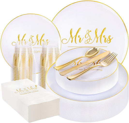 I00000 Mr and Mrs Wedding Plastic Plates and Napkins Set,Bridal Shower Plates Set for 25 Guests Include 25 Dinner Platos,25 Dessert Platos,25 Cups,25 Napkins,25 Gold Cutlery for Engagement Party Decor