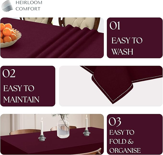 Burgundy Wine Tablecloth, 100% Cotton, 60x102 Inch, Fits 8-10 Seats, Soft, Washable, Wrinkle Resistant, Rectangle Dining Table Cover for Anniversaries, Decor, Holiday, Dinner, Events