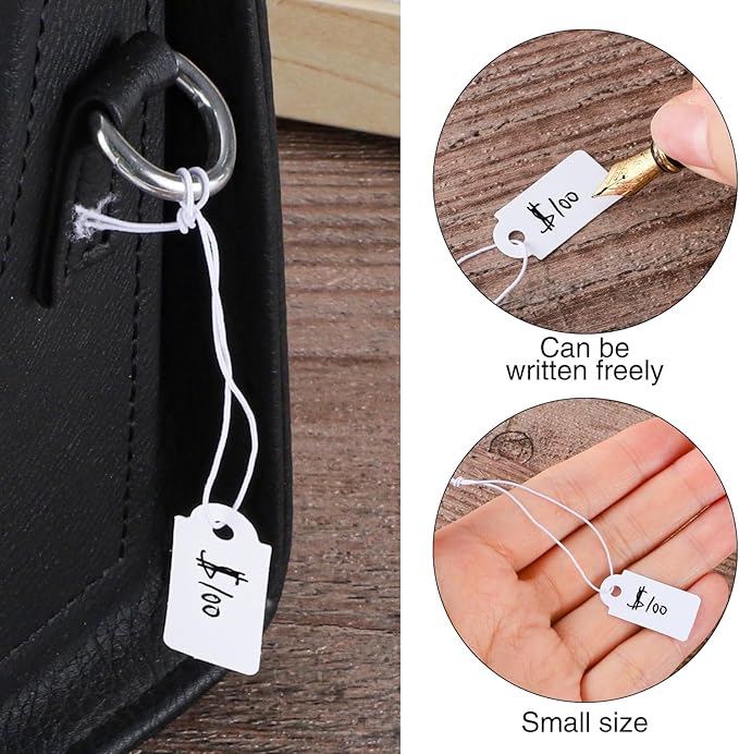 200 Pcs Small Price Tags, Paper Tags with Elastic String, Writable Blank Kraft Gift Tags for Clothes Jewelry Gifts (1.02×0.47inch, White)