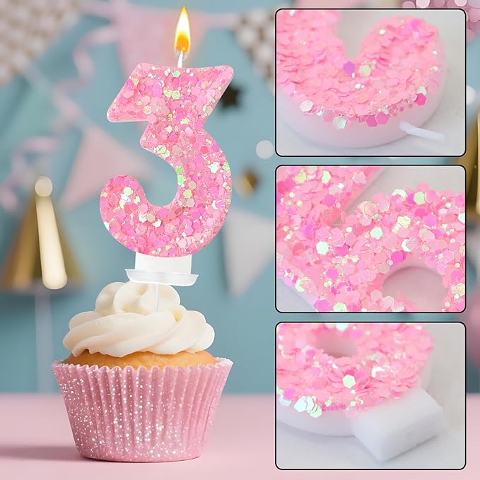 Zailo Birthday Number Candles, Glitter Number Candle Cake Decorations with Sequins, Cupcake Decorations for Girls, Women, Party Anniversary Celebrations (Number 3, Light Pink)