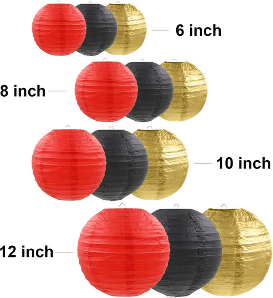 12 Pcs Red Black Gold Paper Lanterns Round Hanging Paper Lanterns for Birthday Wedding Graduation New Year Bachelorette Party Decoration