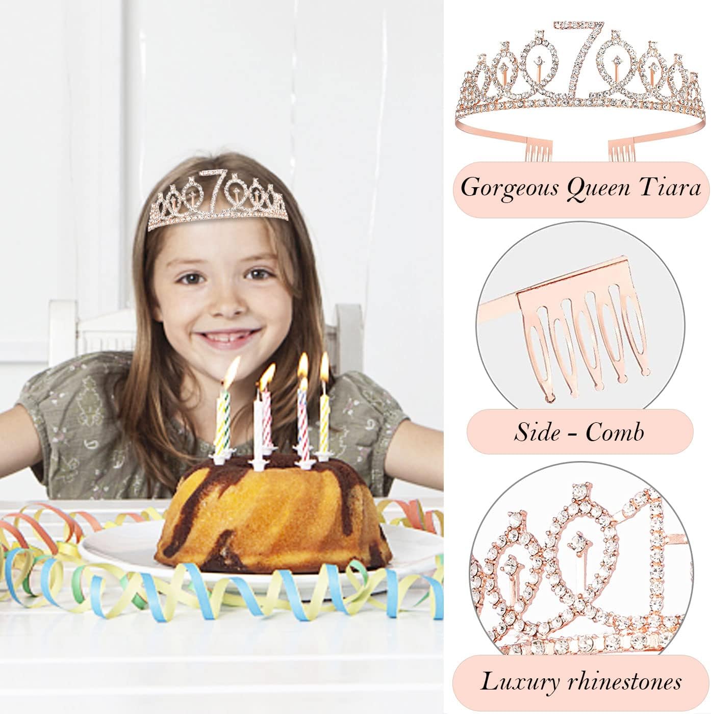 7th Birthday Decorations for Girls, Including 7 year old Birthday Cake Topper, Queen Sash with Pearl Pin, Sweet Rhinestone Tiara Crown, Number Candles and Balloons Set, Rose Gold