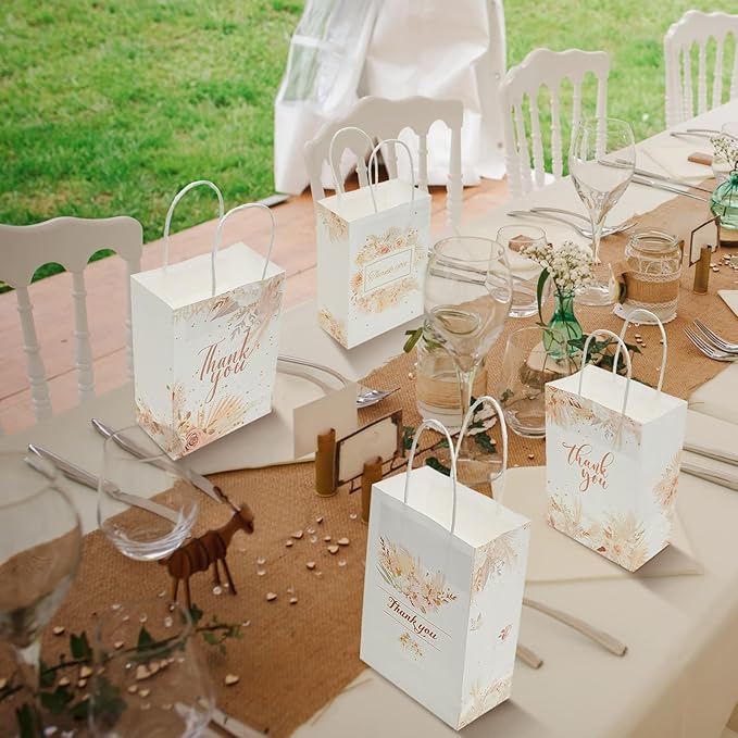 16 Pieces Thank You Gift Bags Floral Design 6 x 3 x 8 inches Flower Small Paper Bags with Handles Boho Favor Bags for Business Shopping Boutique Clothing Birthday Wedding Graduation Favors