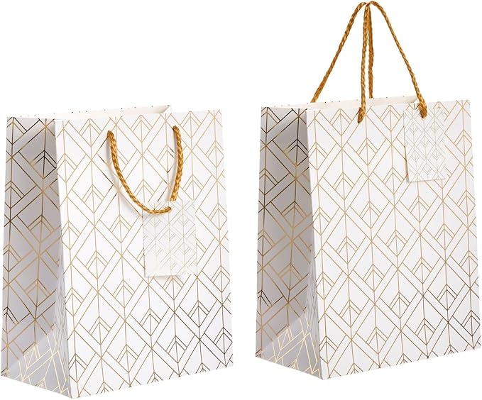 Sparkle and Bash Party Favor Bags - 8" x 10" x 4.5", Medium White & Gold, 16 Pack - Geometric Foil w/Rope Handles & Tags - Reusable Thank You Gift & Mini Gift Bags for Wedding, Bridal & Baby Showers