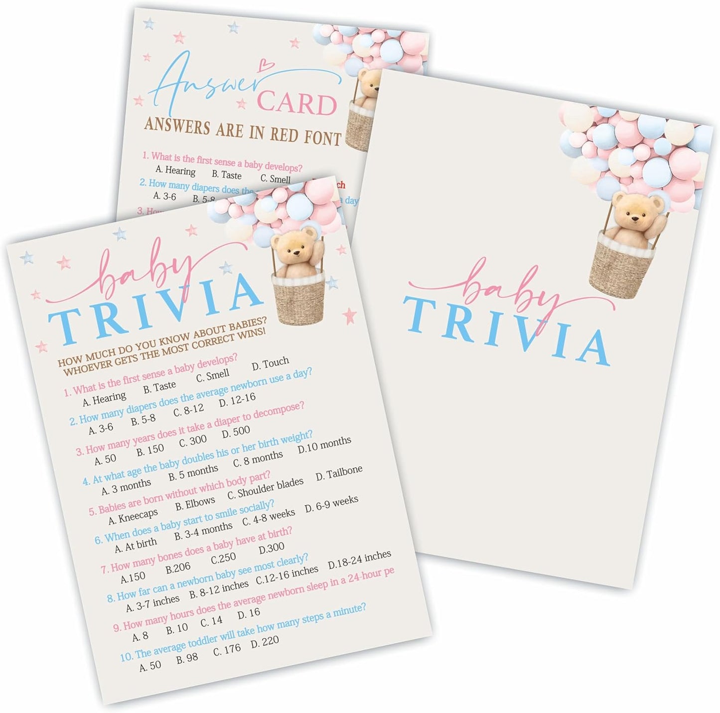 Baby Trivia Game Kit for Baby Shower, 30 Double-Sided Fill in Bear & Balloons Game Cards with 1 Answer Card for Girls Boys, Gender Reveal Game，Baby Shower Party Favors & Supplies - A27