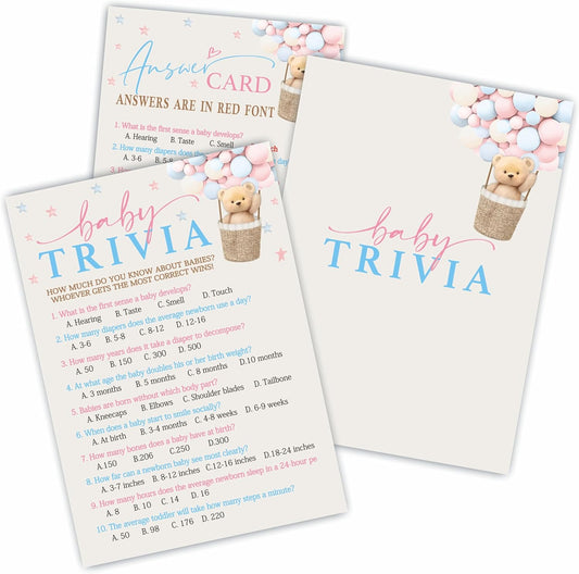 Baby Trivia Game Kit for Baby Shower, 30 Double-Sided Fill in Bear & Balloons Game Cards with 1 Answer Card for Girls Boys, Gender Reveal Game，Baby Shower Party Favors & Supplies - A27