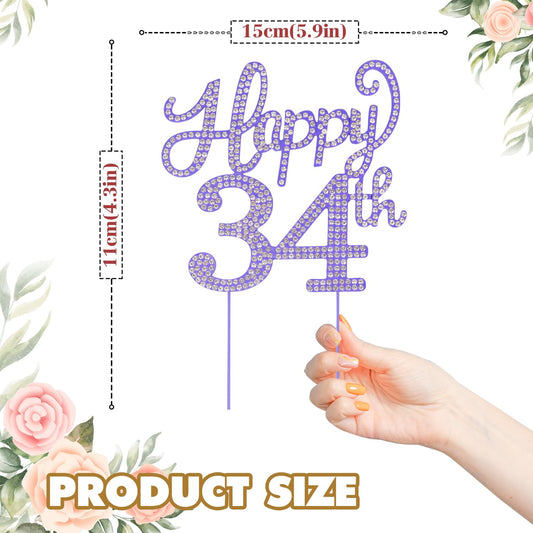 LASKYER Happy 34th Birthday Purple Rhinestone Cake Topper - 34th Birthday/Anniversary,Cheers to 34 Years Old Bday Party Metal Sparkly Centerpieces Decorations.