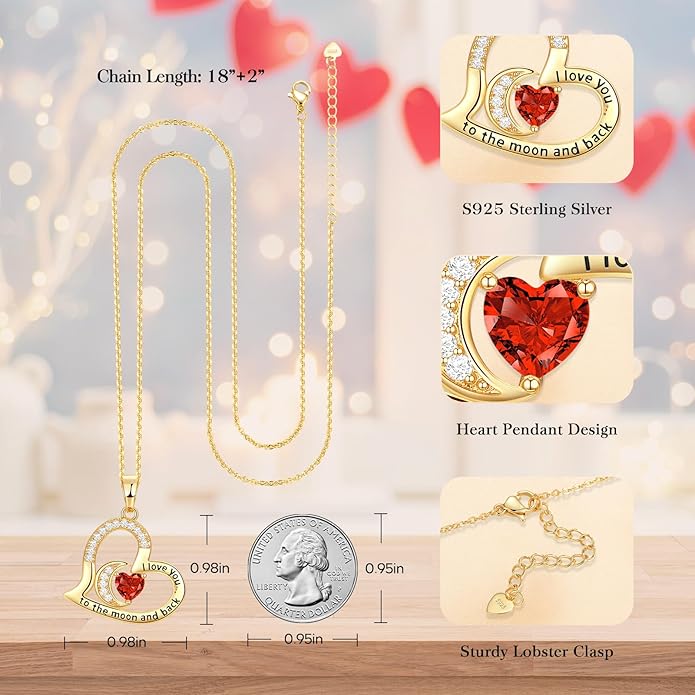 Anniversary Necklace for Women Birthstone Jewelry for Wife Gifts for Her Wife Birthday Gift Ideas Anniversary for Girlfriend I love you to the moon and back Necklaces Filled 925 Sterling Sliver