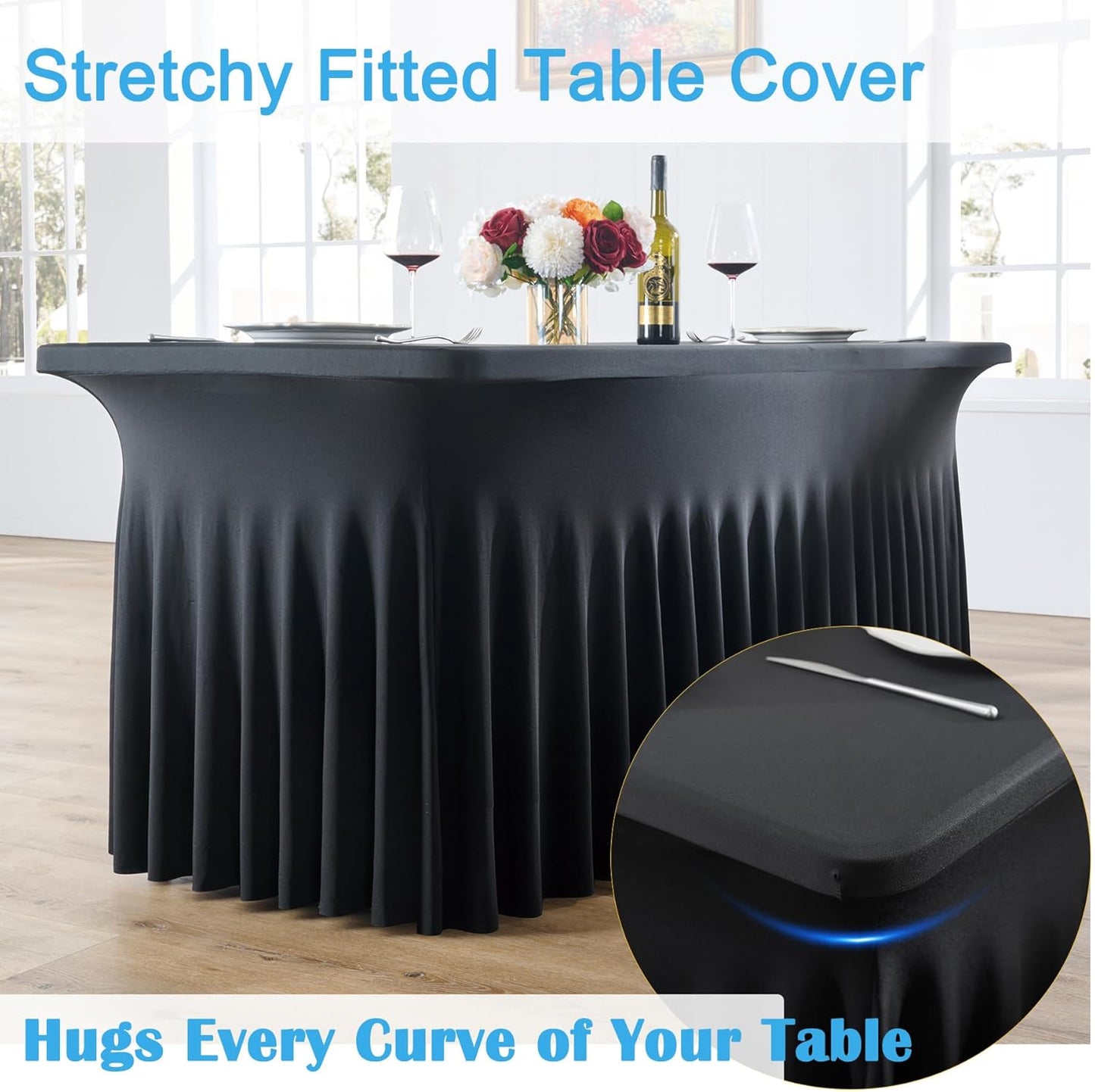 4pack Black Spandex Tablecloths 8ft for Rectangle Tables, Wrinkle Free Classy Table Skirt Stretchy 8 Foot Fitted Table Cloths Covers for Weddings Birthday Party Events Banquette Baby Shower