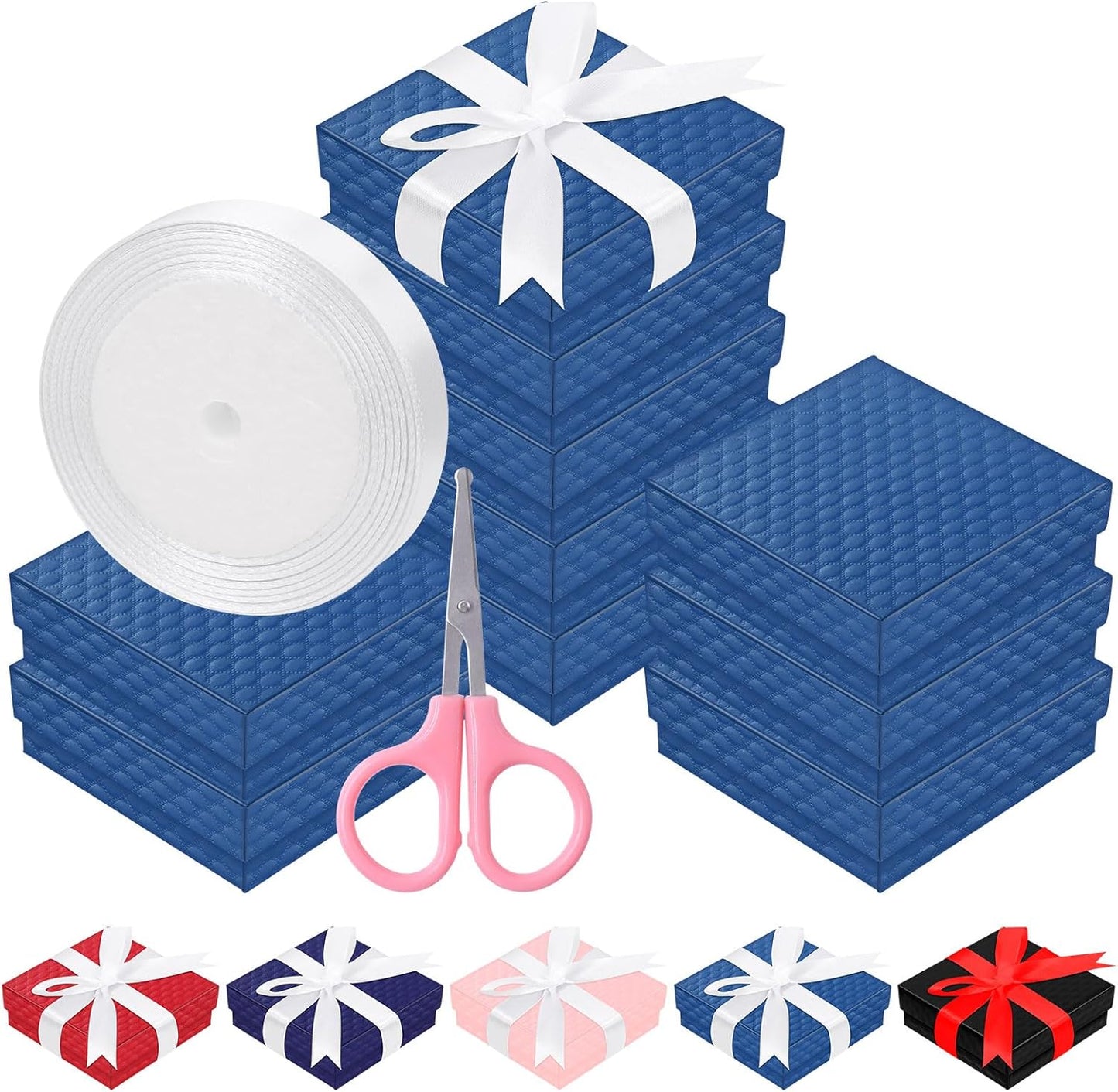 12Pcs 9x9x3cm / 3.5x3.5x1 Inch Blue Cardboard Jewelry Gift Boxes with Stain Ribbon and Scissor, Small Gift Box with Lid for Necklaces, Rings, Bracelets, Earrings, Pendant, Jewelry