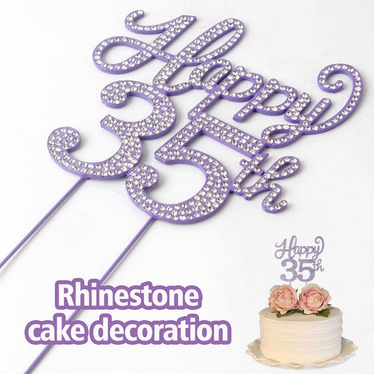 Happy 35th Birthday Purple Rhinestone Cake Topper - 35th Birthday/Anniversary,Cheers to 35 Years Old Bday Party Metal Sparkly Centerpieces Decorations.