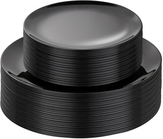PULOTE 60 PCS Black Plastic Plates - Include 30 Dinner and 30 Dessert Plates, Black Disposable for Party,Birthday & New Year