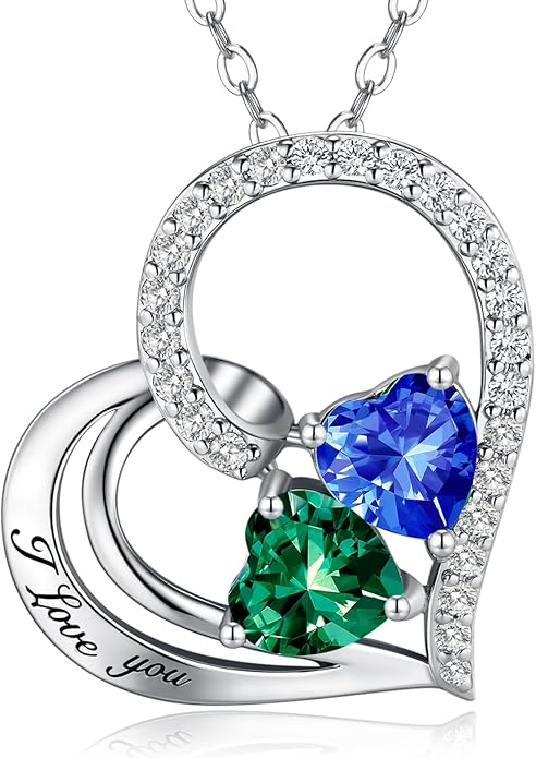 Double Birthstone Heart Necklace 0.8CT Dual-Gemstone S925 Sterling Silver Plated White Gold Engraved I Love You Perfect Anniversary/Valentine's Day Gift for Wife/Girlfriend/Mom/Daughter