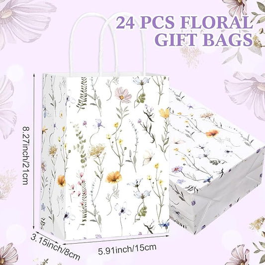 Marspark 24 Pcs Wildflower Paper Gift Bags for Wedding Bridal Baby Shower Engagement Birthday Party Supplies Floral Treat Bag with Handles Candy Goodie Bags for Guests, 8.3'' x 5.9'' x 3.1''