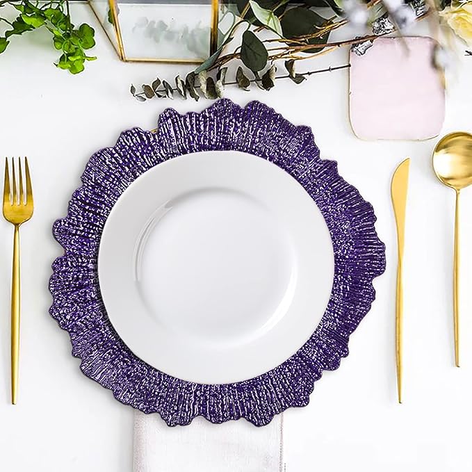 WUWEOT 12 Pack Purple Charger Plates, 12.7" Plastic Reef Dinner Under Plate, Round Charger Service Base Plate Bulk with Ruffled Rim for Party, Wedding, Catering Event, Tabletop Decor