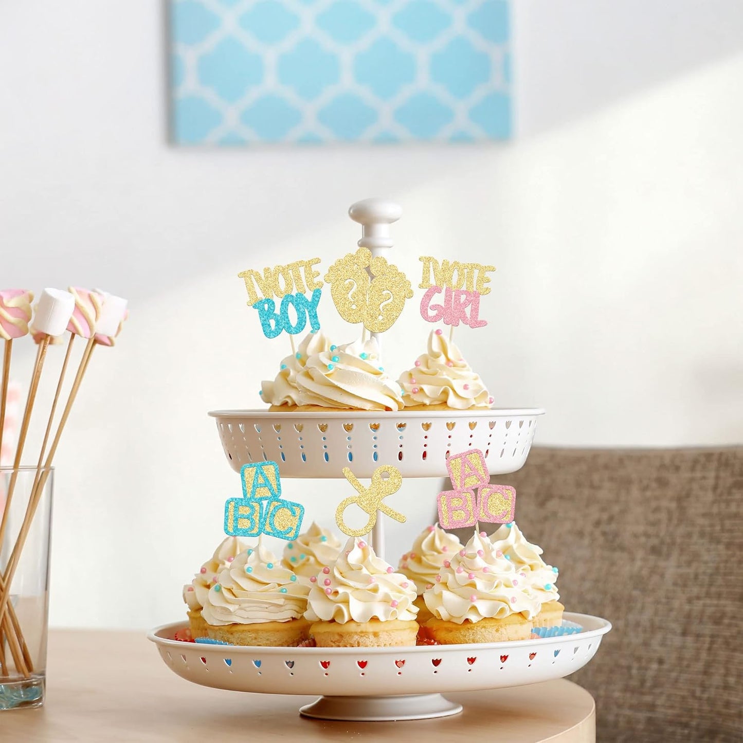 24Pcs Boy or Girl Cupcake Toppers Gender Reveal Cupcake Picks Glitter Baby Shower Cupcake Decorations Vote Boy or Girl Cake Decorations for Baby Shower Kids Birthday Theme Party Supplies