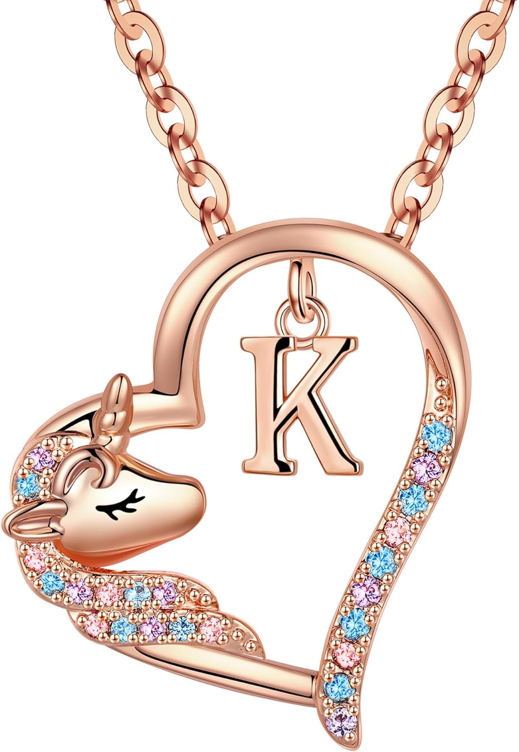 Anoup Unicorn Gifts for Girls Necklace - Colorful CZ Heart Pendant A-Z Initial Necklaces Cute Unicorns Jewelry Birthday Gift for Girl