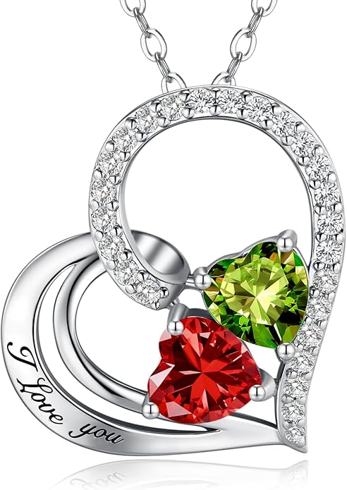 Double Birthstone Heart Necklace 0.8CT Dual-Gemstone S925 Sterling Silver Plated White Gold Engraved I Love You Perfect Anniversary/Valentine's Day Gift for Wife/Girlfriend/Mom/Daughter